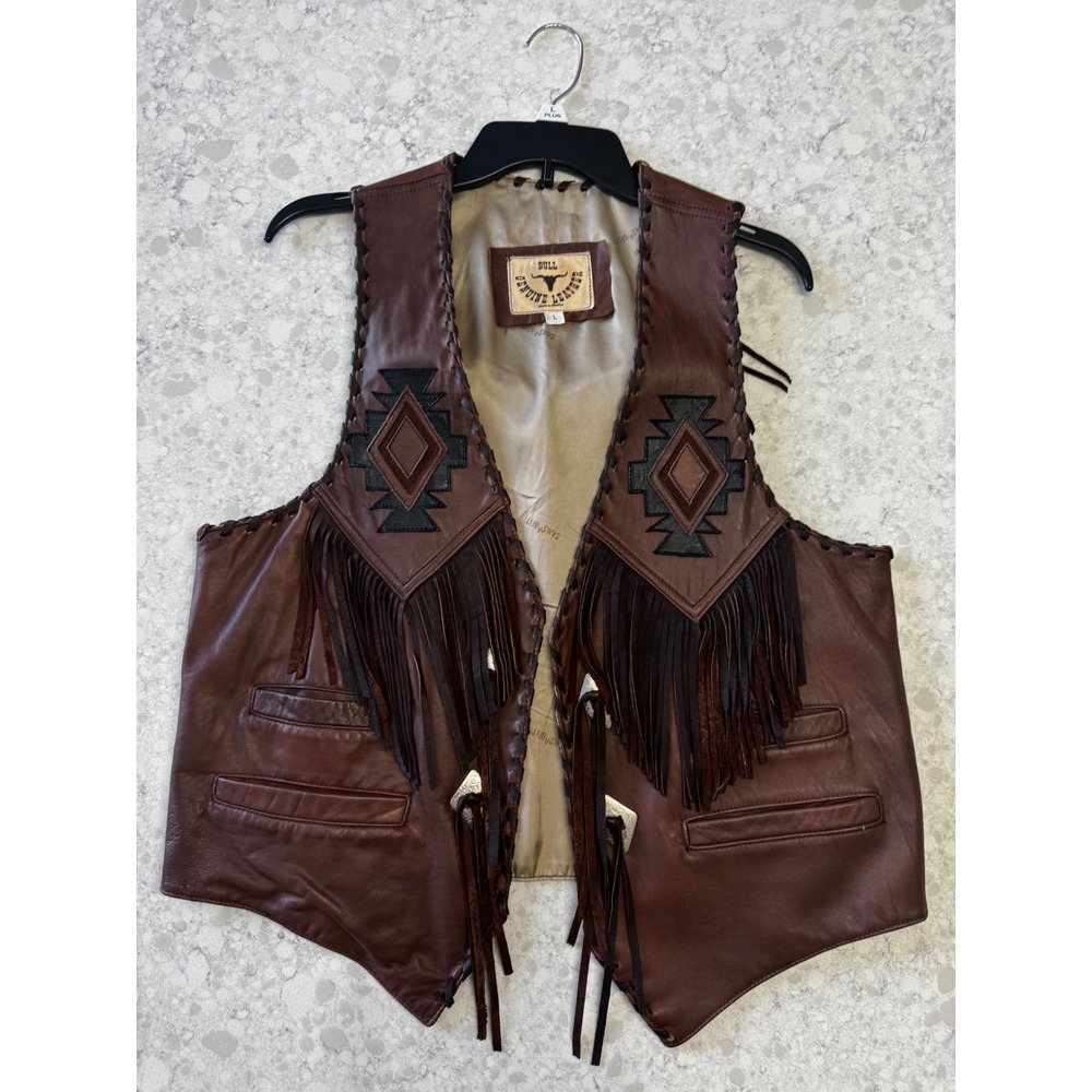 Vintage Bull Genuine Leather Western Fringe Vest Southwestern Whipstitch Mens L - Picture 13 of 15